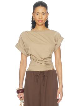 The Line by K - Francine Pleated Women's Ruched Waist Short Sleeve T-Shirt Beige