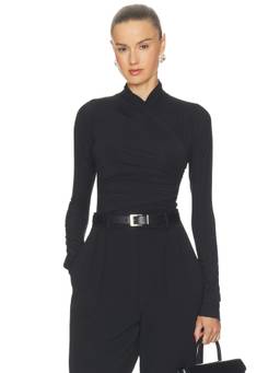 The Line by K - Felix Women's Wrap High Neck Full Sleeves Top Black