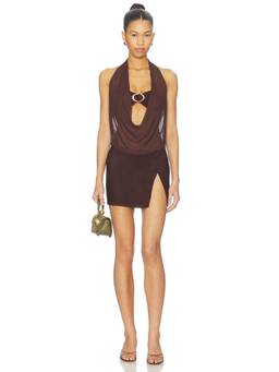 Tiger Mist - Makena Women's Sheer Halter Plunging Neck Mini Dress Brown