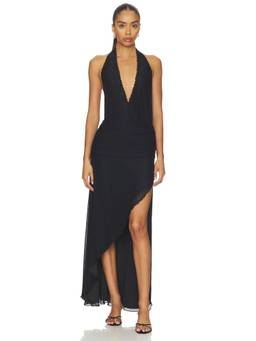 Tiger Mist - Corelle Women's Ruched Lace Trim Halter Neck Maxi Dress Black