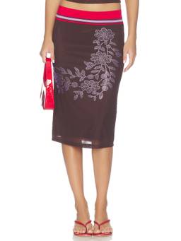Tiger Mist - Serah Women's Rhinestone Floral Mesh Midi Skirt Brown