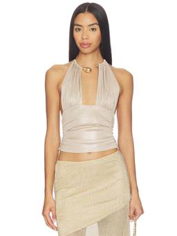 Tiger Mist - Women's Metallic Halter Neck Hardware Crop Top Beige
