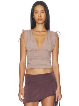Tiger Mist - Halona Women's Ruched V-Neck Crop Top Taupe