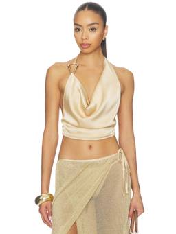 Tiger Mist - Cyrene Women's Satin Cowl Halter Crop Top Beige