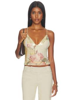 Tiger Mist - Fenella Women's Floral Print Sequin Trim Mesh Tank Top Beige