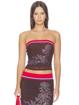 Tiger Mist - Serah Women's Rhinestone Floral Mesh Crop Top Brown