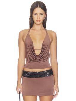 Tiger Mist - Thara Women's Plunging Cowl Neck Halter Crop Top Brown