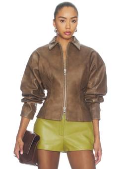 The Sei - Fitted Women's Two-Way Zip Leather Jacket Brown