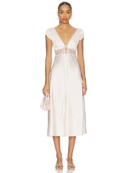 Tularosa - Sophia Women's Satin Lace Trim Puff Sleeve Midi Dress Off White