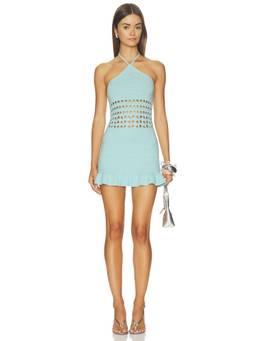 Tularosa - Pointelle Women's Halter Neck Bodycon Mini Dress Blue