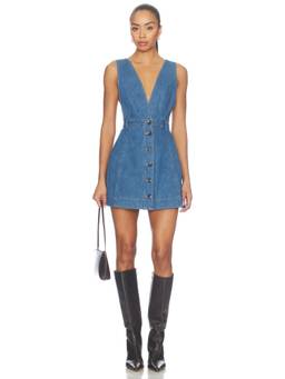 Tularosa - Rigid Denim Women's Sleeveless Plunging Neck Mini Dress Blue