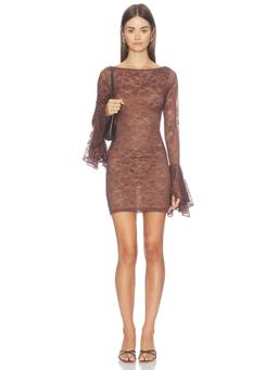 Tularosa - Molley Women's Lace Flounced Sleeve Bodycon Mini Dress Brown
