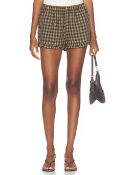 Tularosa - Evelynn Women's Elastic Waist Ruffle Hem Shorts Olive