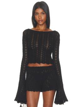 Tularosa - Zaylee Women's Sheer Open Stitch Boat Neck Crop Top Black