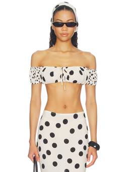 Tularosa - Women's Polka Dot Off-Shoulder Tie-Up Crop Top White