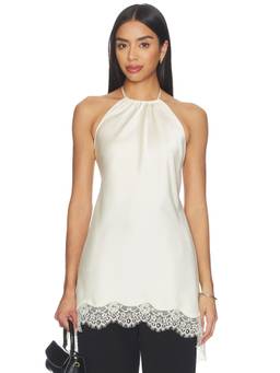 Tularosa - Satin Women's Halter Neck Lace Trim Tunic Top Off White
