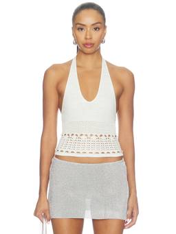 Tularosa - Sellia Pointelle Women's Beaded Halter Neck Crop Top White