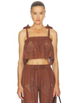 Tularosa - Embroidered Women's Tie-Up Strap Crop Top Brown