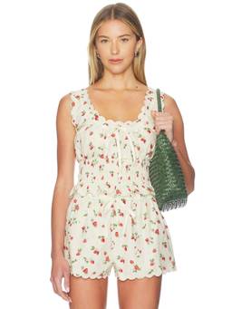 Tularosa - Marlena Women's Strawberry Print Smocked Poplin Crop Top Off White