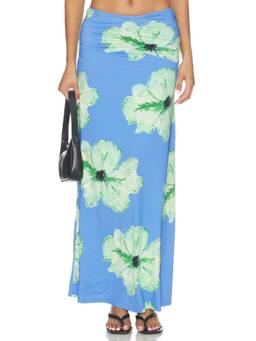 The Wolf Gang - Veda Women's Floral Print Ruched Maxi Skirt Blue