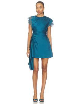 AMUR - Zina Women's Ruched Lace Trim Mini Dress Teal