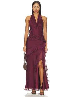 AMUR - Marisol Women's Ruffled Halter Cowl Neck Gown Burgundy