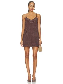 Understated Leather - Saddle Up Women's Studded Suede Slip Mini Dress Brown
