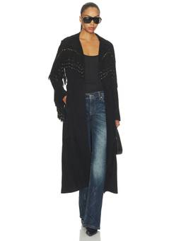 Understated Leather - Studded Fringe Women's Open Front Wrap Coat Black
