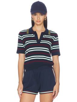 THE UPSIDE - Archie Collared Women's Striped Knit Polo T-Shirt Navy Blue