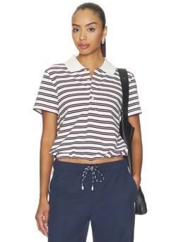 THE UPSIDE - Cropped Women's Striped Button Polo T-Shirt White