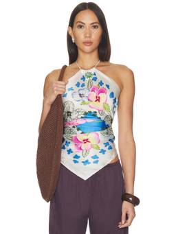 Verandah - Hydrangea Women's Halter Neck Embellished Scarf Blouse Multi-Color