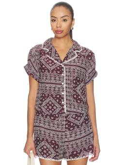 Veronica Beard - Ilene Women's Printed Collar Neck Button-Up Shirt Maroon