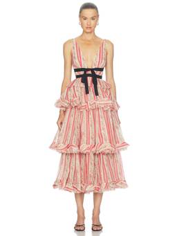 V. Chapman - X Kristopher Brock Women's Floral Striped Tiered Midi Dress Pink