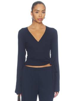 VIR VITA - Margot Women's Wrap Tie V-Neck Jersey Top Navy Blue