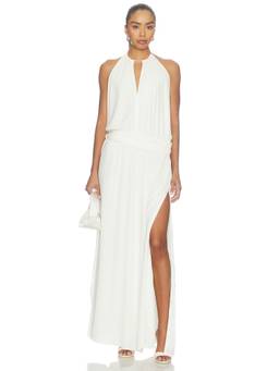 With Harper Lu - Draped Women's Backless Cut-Out Halter Gown Ivory