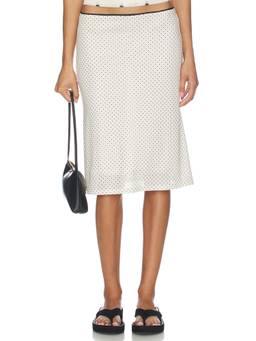With Harper Lu - Polka Mesh Women's Elastic Waist Midi Skirt Ivory