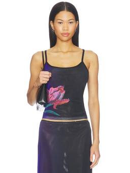 With Harper Lu - Women's Floral Print Mesh Camisole Top Black