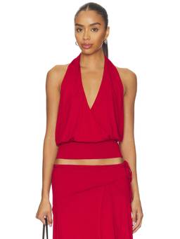 With Jean - x REVOLVE Women's Halter Plunging Neck Jersey Knit Crop Top Red
