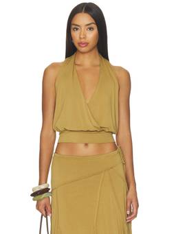 With Jean - Sharni Women's Halter Neck Open Back Crop Top Khaki