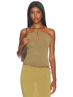 With Jean - Tatum Women's Halter Neck Self-Tie Jersey Top Olive