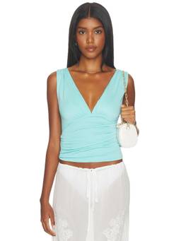 With Jean - Jane Women's Ruched V-Neck Sleeveless Top Blue