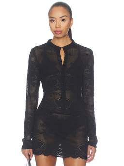 With Jean - Belinda Women's Sheer Knit Mesh Button-Front Blouse Black