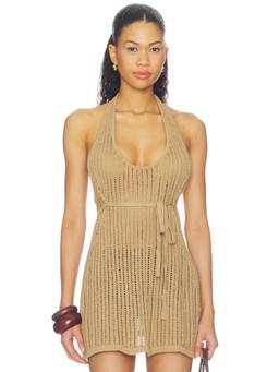 WeWoreWhat - Women's Sheer Crochet Halter Neck Tie-Up Crop Top Beige