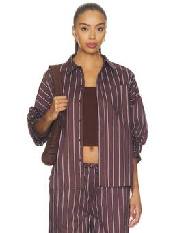 WeWoreWhat - Cropped Button Front Women's Striped Button-Down Shirt Brown