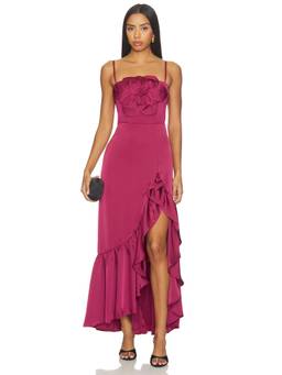 Yumi Kim - Tonal Floral Women's Ruffled Satin Maxi Dress Magenta