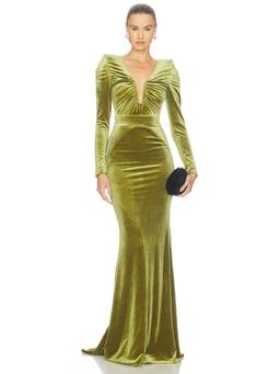 Zhivago - Bloom Velvet Women's Ruched Plunging Neck Gown Green
