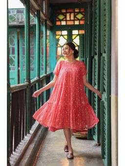 Sutra Art of Clothing - Women Pink Round Neck Half Sleeves Midi Dress