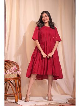Sutra Art of Clothing - Women Red Woven Design Round Neck Midi Dress