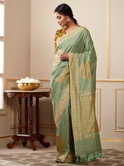 WeaverStory - Handloom Moss Green Tusser Georgette Saree With Unstitched Blouse