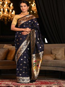 Beatitude - Navy Blue Woven Paithani Saree with Unstitched Blouse
